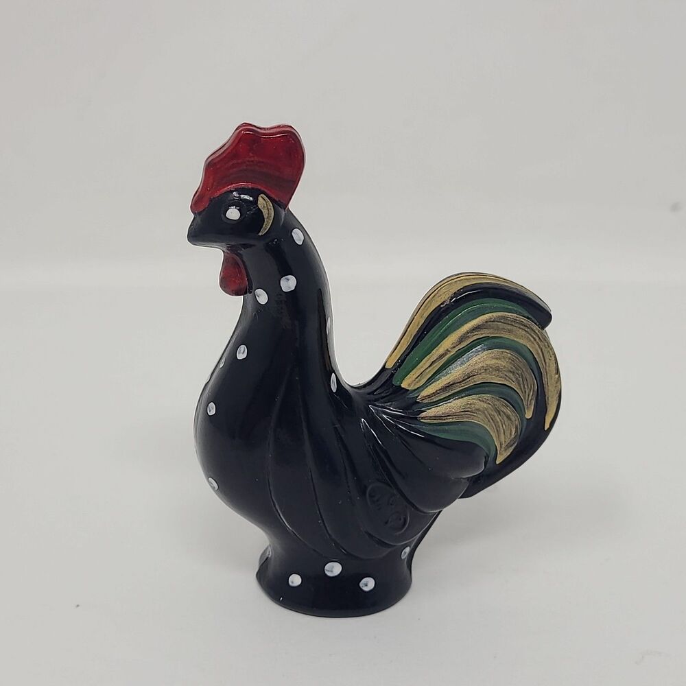 Fenton Black Satin Standing Spotted Rooster Hand Painted Gold Feathers Singed